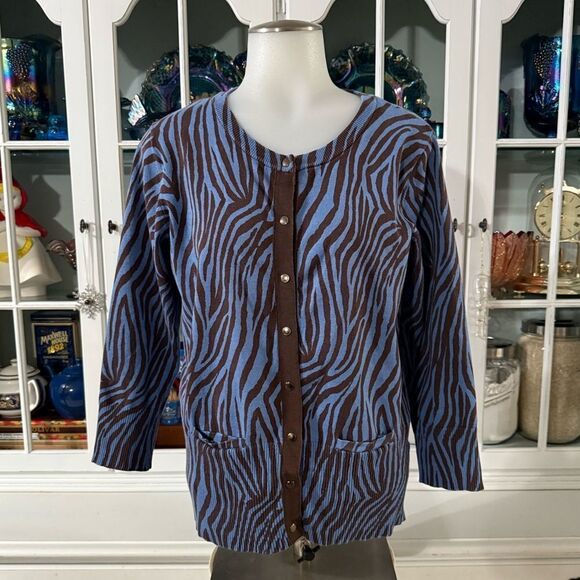 A Line Zebra Print Button-Up Cardigan Blue & Brown Size Large - Picture 1 of 7